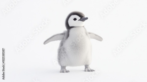 A cute baby penguin chick stands with its wings slightly outstretched on a white background.