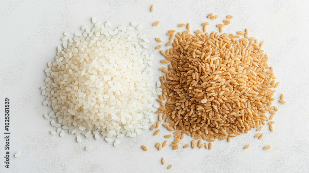 white rice or brown rice: a close-up, top-down view of white rice and brown rice in small heaps, placed side by side with a small gap on a light background white rice or brown rice: a close-up, top-down view of white rice and brown rice in small heaps, placed side by side with a small gap on a light background