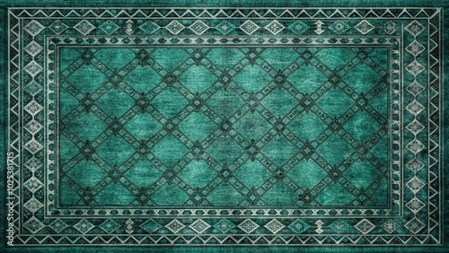 chic emerald green area rug with charcoal gray geometric patterns photo