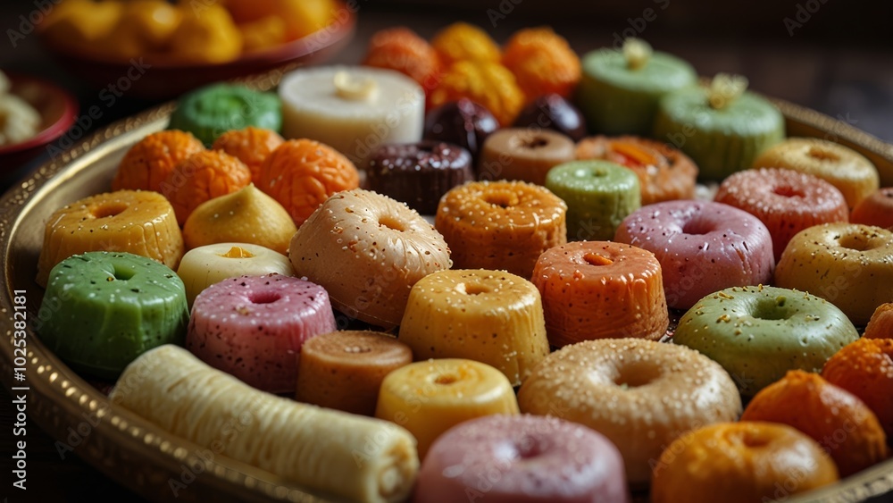 Colorful indian sweets being displayed on a serving tray Colorful indian sweets being displayed on a serving tray