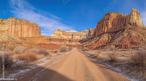 A dirt road winds through a stunning canyon landscape, with towering red rock cliffs on both sides. The sun shines brightly on the scene, casting long shadows across the road.