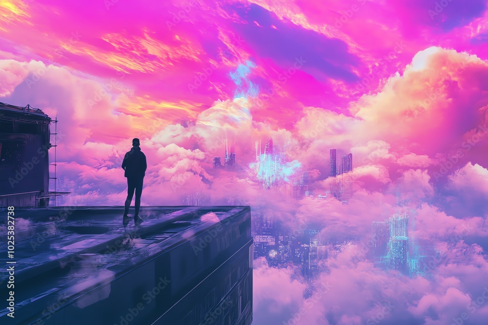 Silhouette of a man looking at a futuristic city in the clouds Silhouette of a man looking at a futuristic city in the clouds