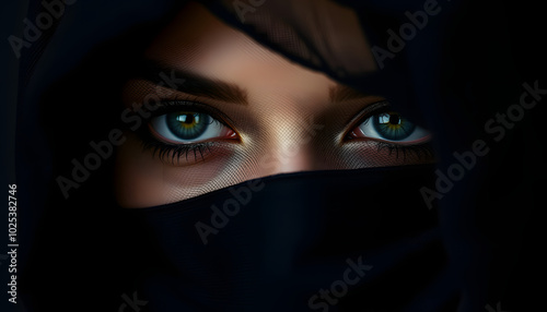 Closeup portrait with eyes covered with black veil isolated with white highlights, png