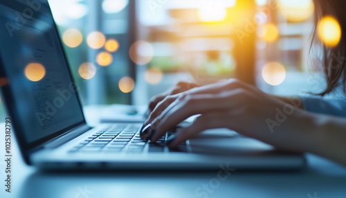 Woman Using Laptop In Office For Email, Spreadsheet, And Work Applications. Utilizing Online Technology With Blurred Background For Drafting, Note-Taking, And Report Writing.