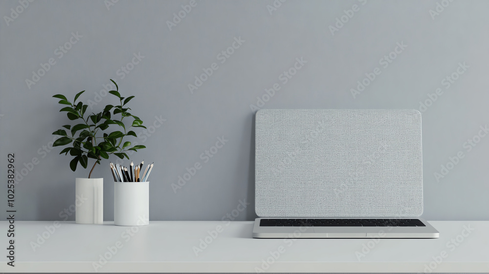 Minimalist workspace featuring a laptop, a potted plant, and a container with pens on a clean desk against a smooth gray wall. Minimalist workspace featuring a laptop, a potted plant, and a container with pens on a clean desk against a smooth gray wall.