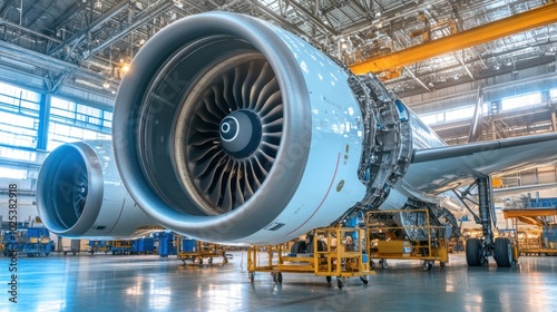 Airplane Engine Close-Up in Hangar with Landing Gear Visible