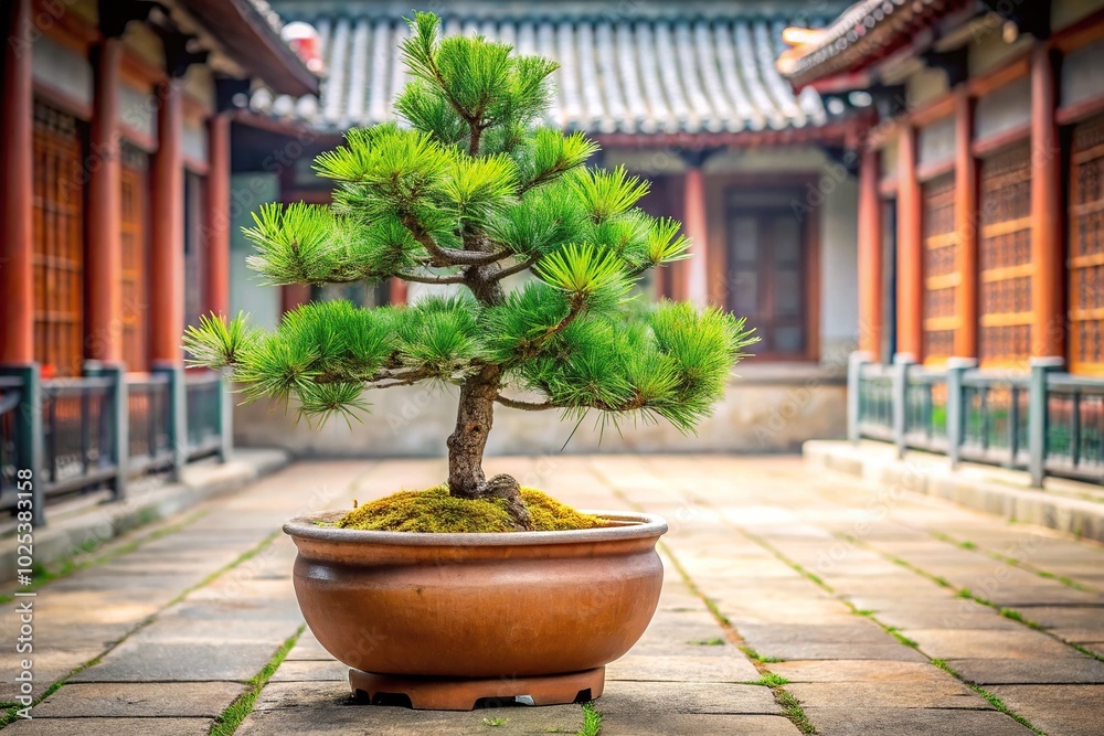 Fototapeta premium Chinese temple with small pine tree in pot