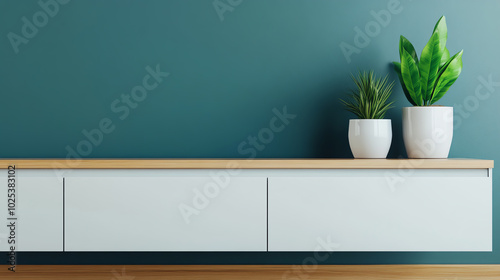 Modern interior with a wooden shelf against a teal wall featuring two potted plants, creating a calming and stylish ambiance.