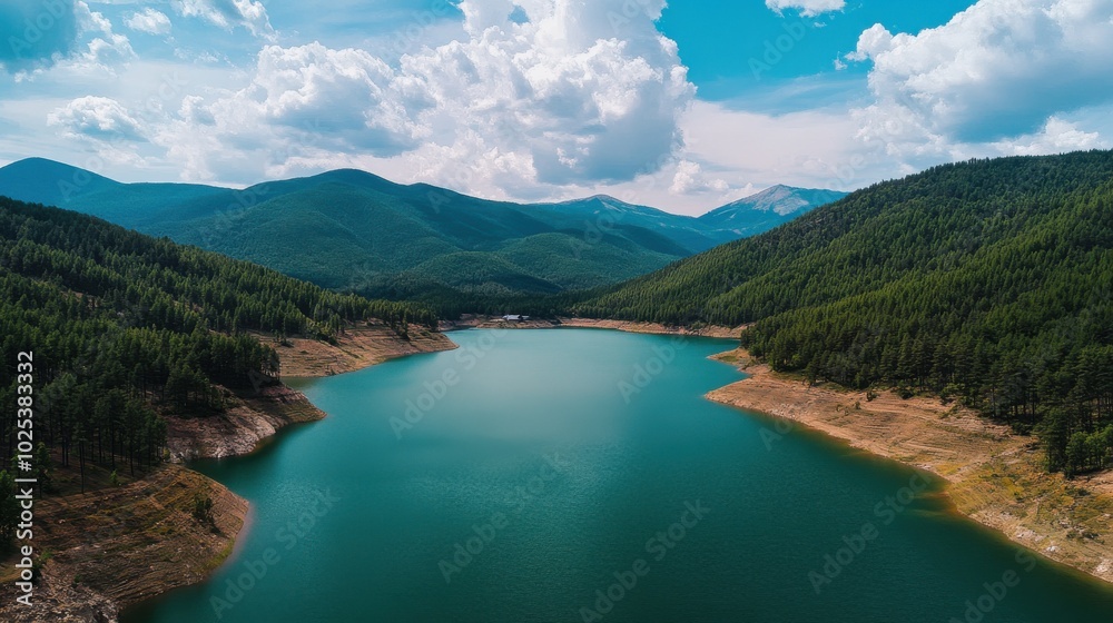 Fototapeta premium Landscape of green lake surrounded by mountains and pine forests with sunny cloudy weather.