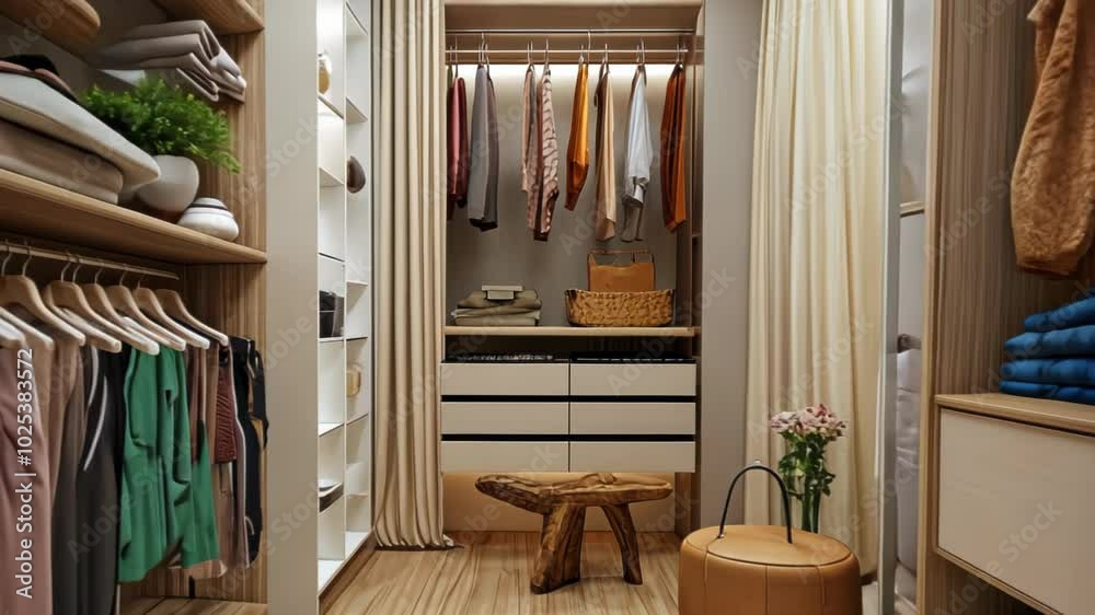 A spacious, organized closet with clothing and accessories neatly arranged.
