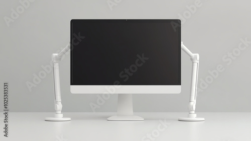 Sleek modern desktop computer on white table, features adjustable monitor arms, minimalistic design for an organized workspace, grey background. photo