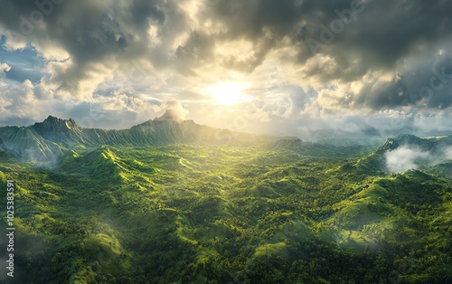 Wide-angle view of a majestic mountain range, lush greenery flourishing amidst a raging storm, golden sunlight peeking through, luxury portraiture