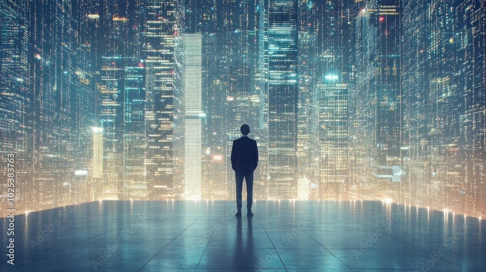 A Man Stands Before a City Skyline with Blurry Lights A Man Stands Before a City Skyline with Blurry Lights