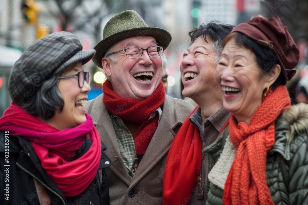 Mature friends having fun in the street in Tokyo, Japan.