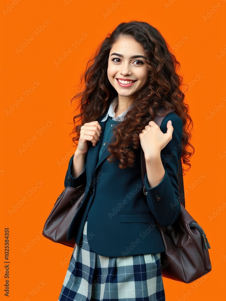 Happy Girl in School Uniform Posing with a Backpack, Casual and Confident Happy Girl in School Uniform Posing with a Backpack, Casual and Confident