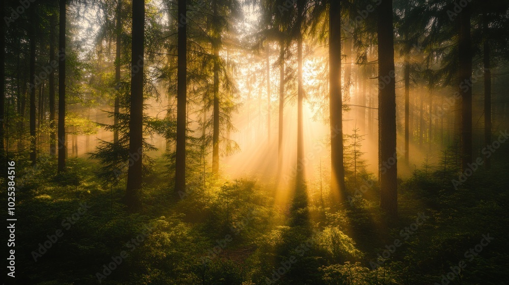 Fototapeta premium Sunbeams pierce through a dense forest at sunrise, illuminating the mist and creating a magical atmosphere.