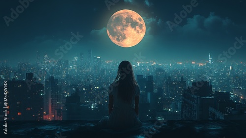 Rooftop dance scene under the moonlight with the cityscape shimmering in the distance