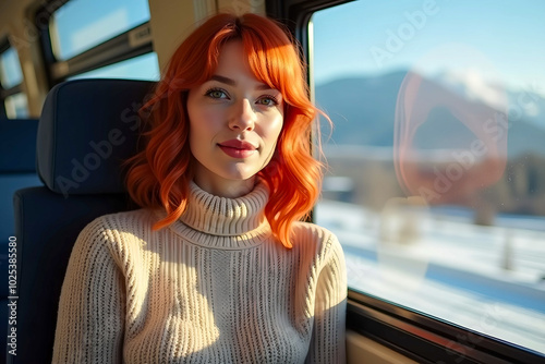 Pretty redhead woman traveling by train. photo