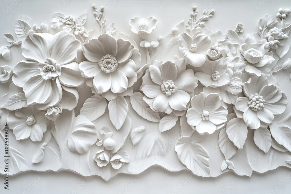 Intricate White Bas-Relief Floral Sculpture: A Delicate Masterpiece of Artistry Embellishing the Wall