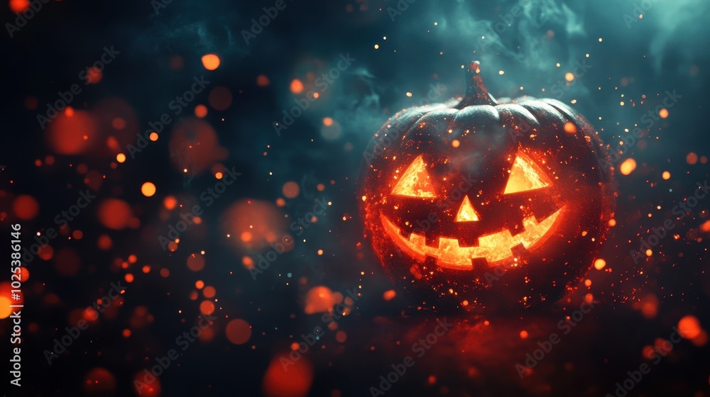 Illuminated Jack-o'-Lantern with Glowing Eyes and Mouth Against a Smoky and Sparkly Background