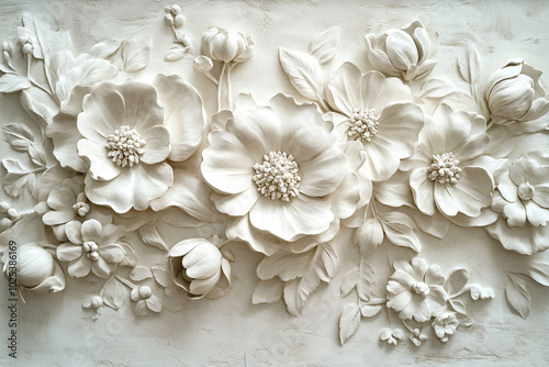 Intricate White Bas-Relief Floral Sculpture: A Delicate Masterpiece of Artistry Embellishing the Wall
