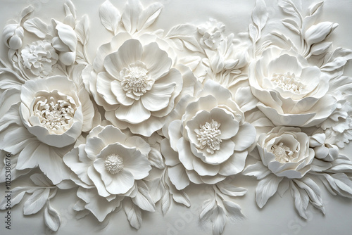 Intricate White Bas-Relief Floral Sculpture: A Delicate Masterpiece of Artistry Embellishing the Wall