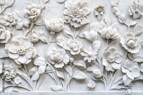 Intricate White Bas-Relief Floral Sculpture: A Delicate Masterpiece of Artistry Embellishing the Wall