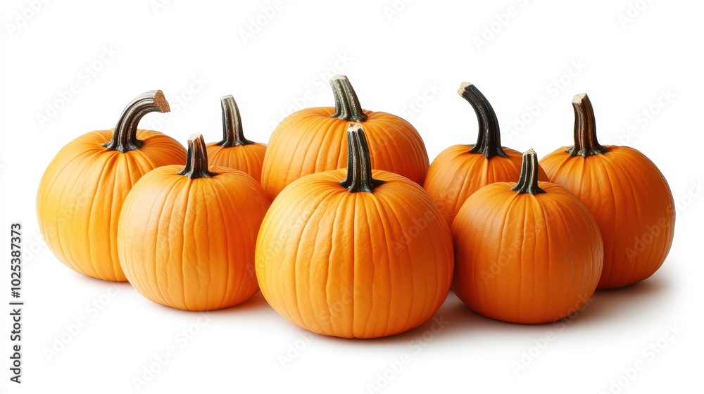 A Cluster of Six Ripe Pumpkins with Green Stems A Cluster of Six Ripe Pumpkins with Green Stems