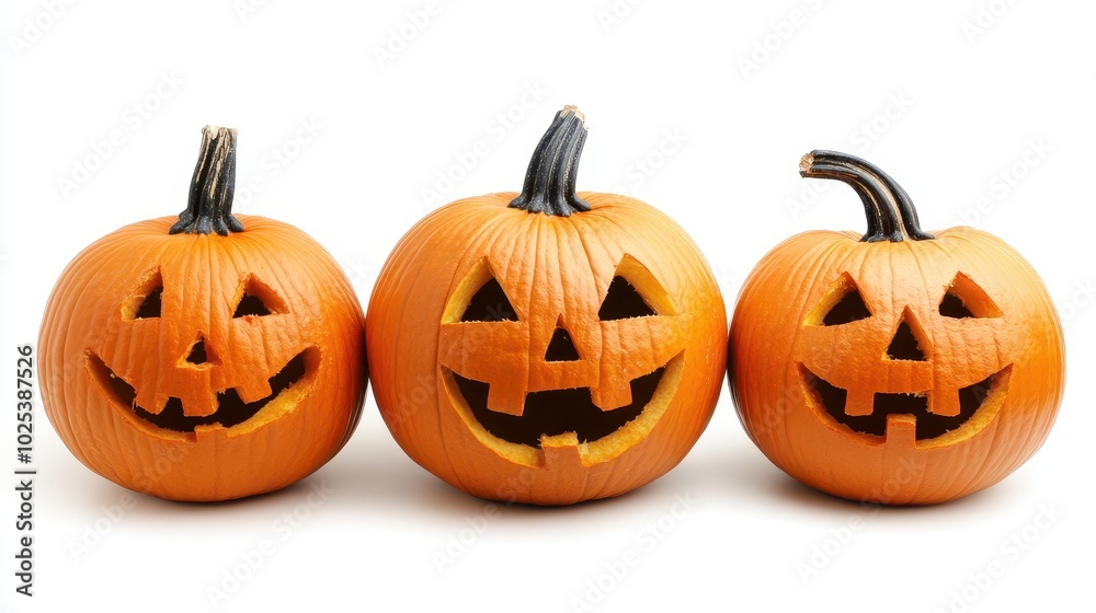 Three Carved Pumpkins With Smiling Faces Three Carved Pumpkins With Smiling Faces