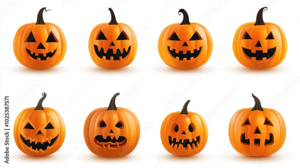 Eight Carved Pumpkins with Various Facial Expressions Eight Carved Pumpkins with Various Facial Expressions