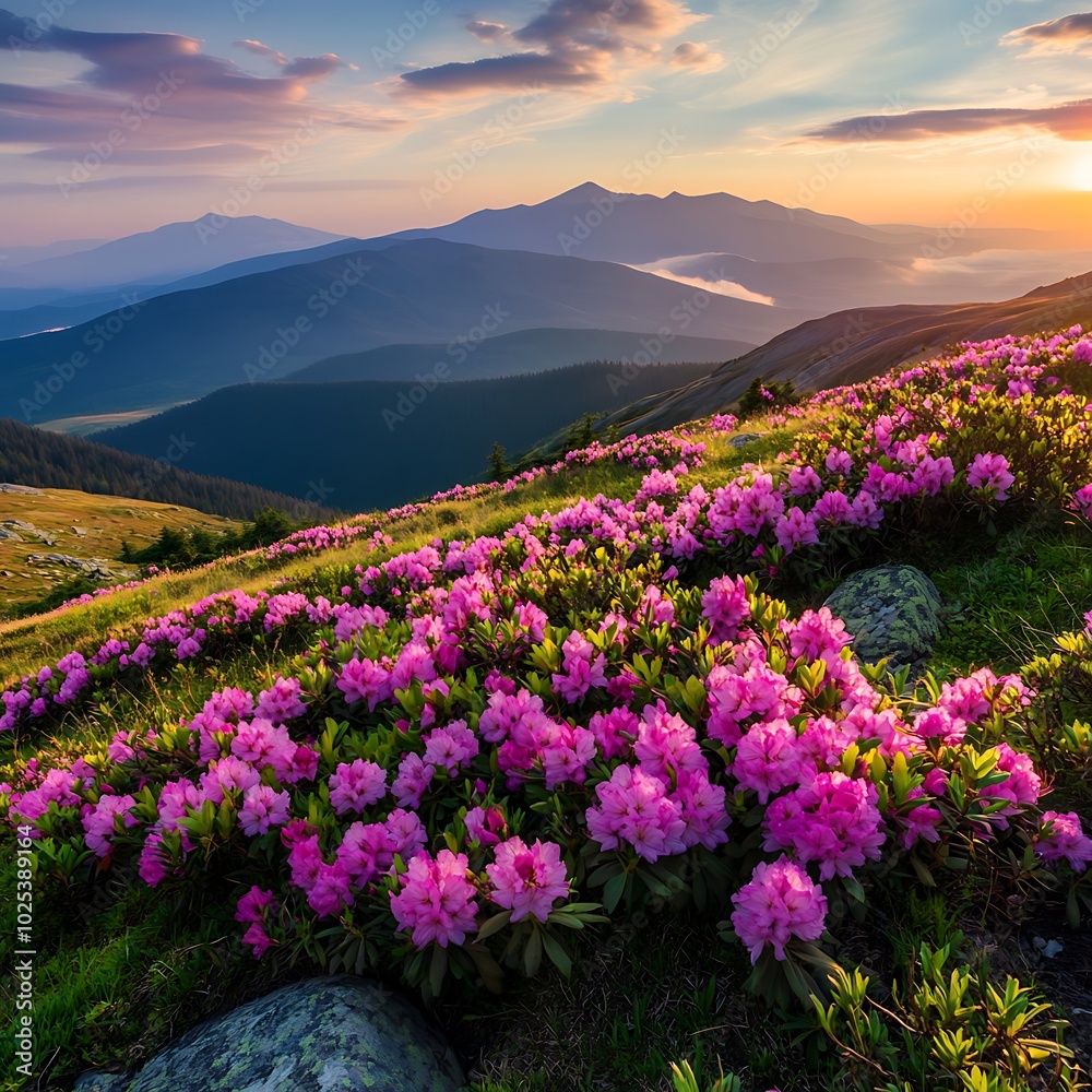Pink rhododendron flowers in the Carpathian mountains Pink rhododendron flowers in the Carpathian mountains