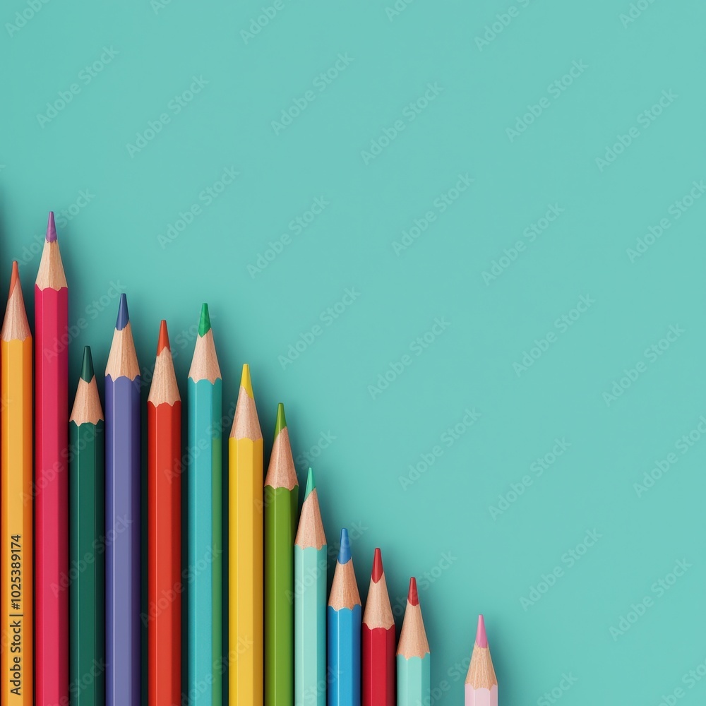 Colorful Pencil Arrangement on Teal Background