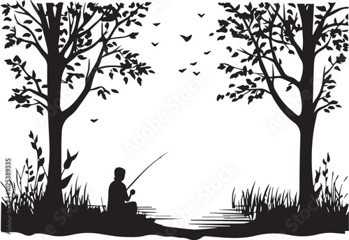Silhouette of a person sitting by a lake with a fishing rod in autumn,  fisherman fishing on lake silhouette vector
