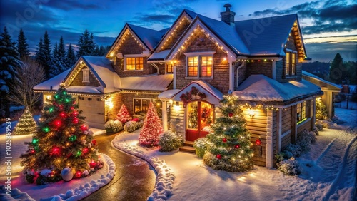 Christmas house with lights decorations in the evening