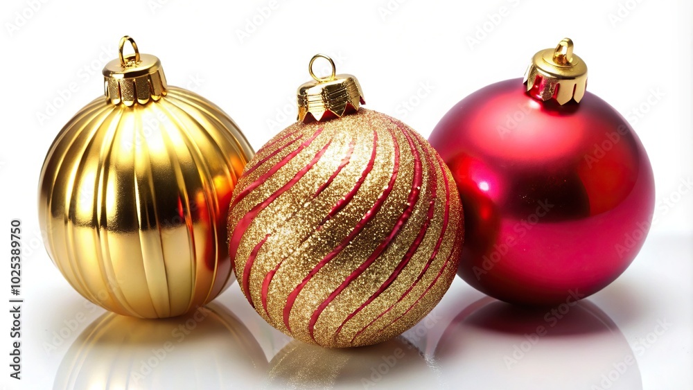 Christmas ornaments in gold, red, and pink