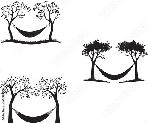 Silhouette of a hammock strung between two trees, silhouette vector