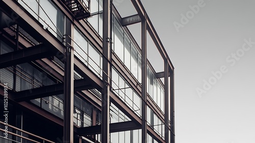 A low angle view of a modern building with a steel frame and large windows.