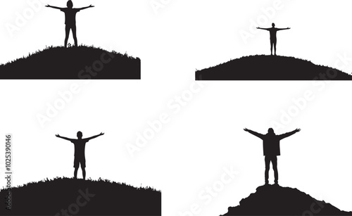 Silhouette of a person standing on a hill with arms outstretched,  silhouette vector