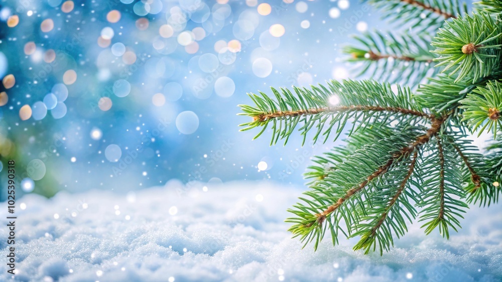 christmas tree branch on snowy background with light bokeh snowflakes and holiday feeling christmas tree branch on snowy background with light bokeh snowflakes and holiday feeling