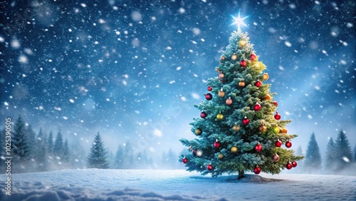 Christmas tree in snowy background with twinkling lights