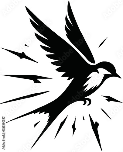 Black vector artwork illustration of a flying robin bird silhouette, capturing the graceful motion and elegance of this avian in a simple yet striking design.