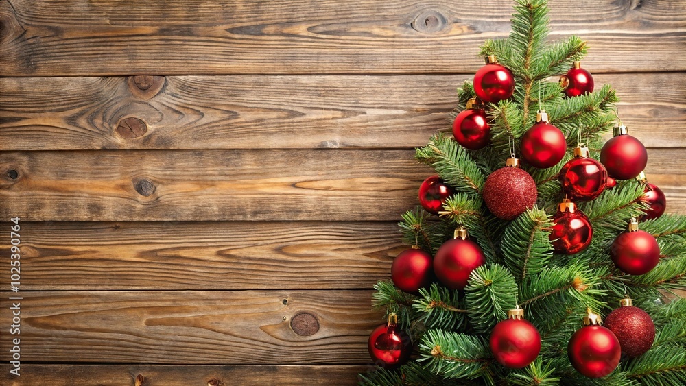 Christmas tree with red balls on wooden surface at eye level Christmas tree with red balls on wooden surface at eye level