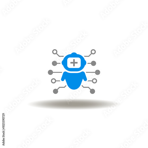 Vector illustration of robot with medical cross and circuit. Icon of medicine AI automation learning technology. Symbol of health care drone innovation.