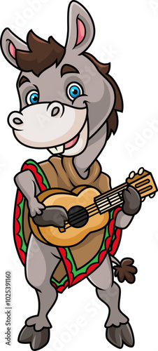 Mexican donkey playing guitar and wearing a sombrero Mexican hat