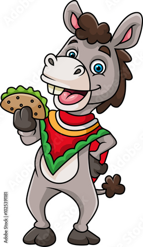 Donkey eating taco and wearing poncho , cartoon character