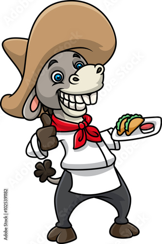 Donkey holding plate and wearing sombrero hat, cartoon character