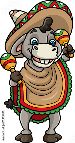 Donkey in Mexican sombrero hat and poncho with maracas