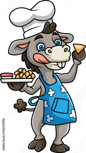 Donkey wearing apron and chef hat holding plate