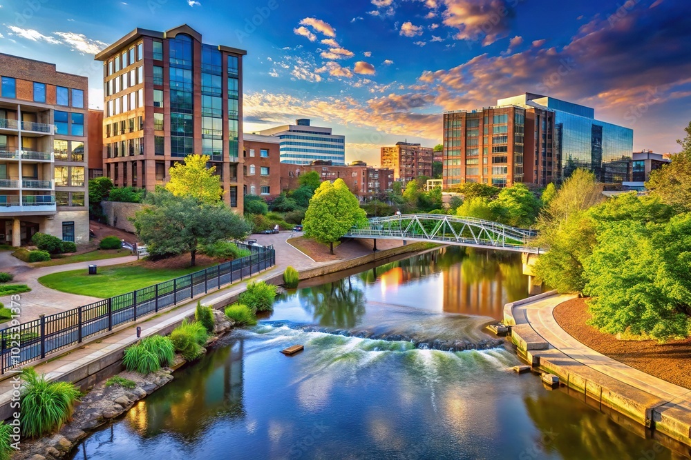 Fototapeta premium Cityscape with river in downtown Greenville, South Carolina