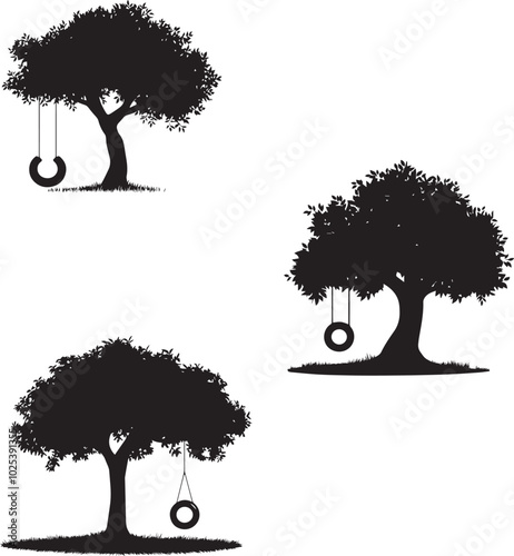 Silhouette of a tree with a tire swing,  silhouette vector